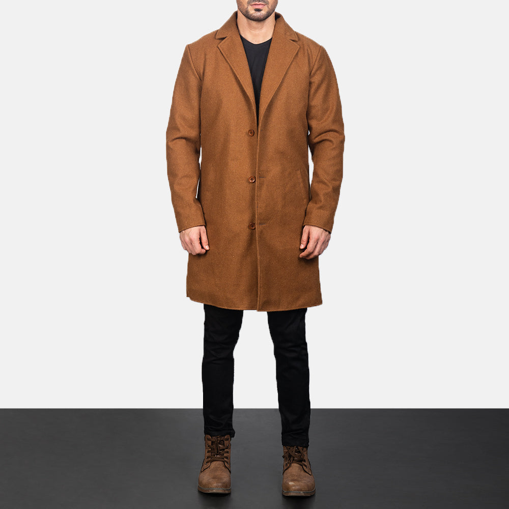 
Vue détaillée of Notch & Button Hardware on Petrillo Khaki Wool Single Breasted Manteau en Cuir pour Homme