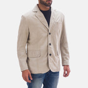 
Off White (Greyish) Goatskin Suede Leather Blazer - Vue arrière montrant la carrure ajustée et l'ourlet net