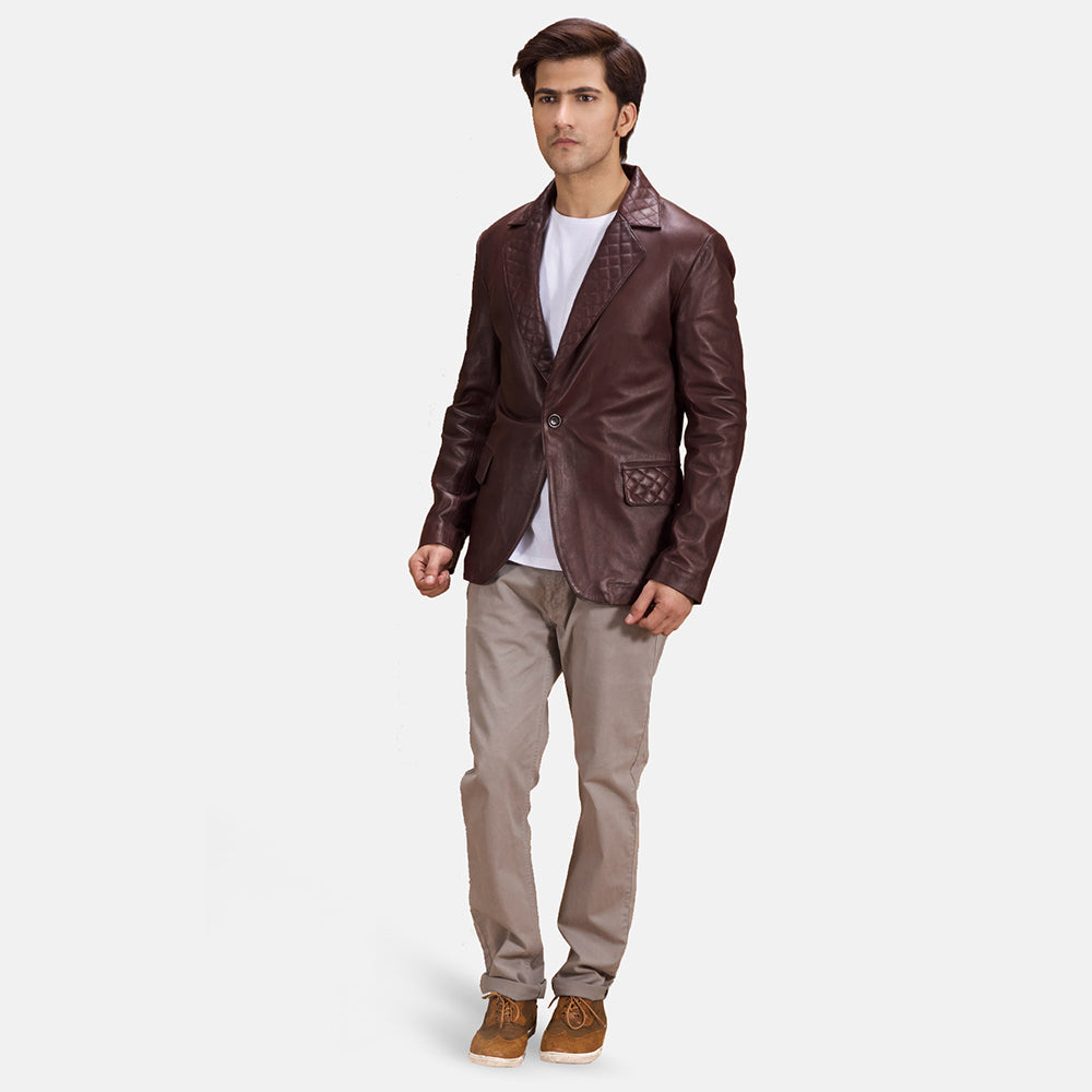 
Radaron Matelassé Bordeaux Blazer en Cuir en Cuir pour Homme - Vue de profil mettant en valeur la coupe de manche ergonomique