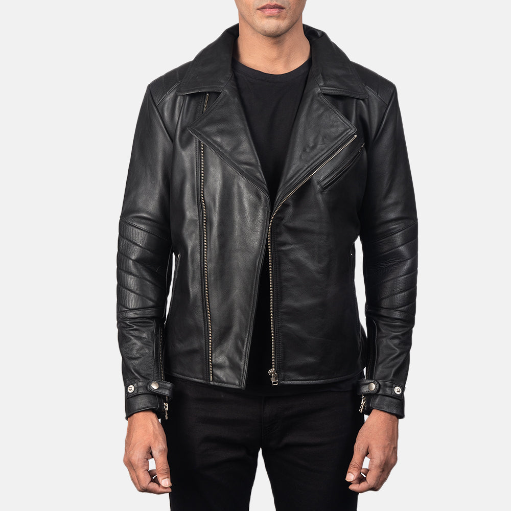 Men's Raiden Black Leather Biker Jacket in Black Cowhide Leather - Vue de face &amp; silhouette ajustée | Acheter en ligne