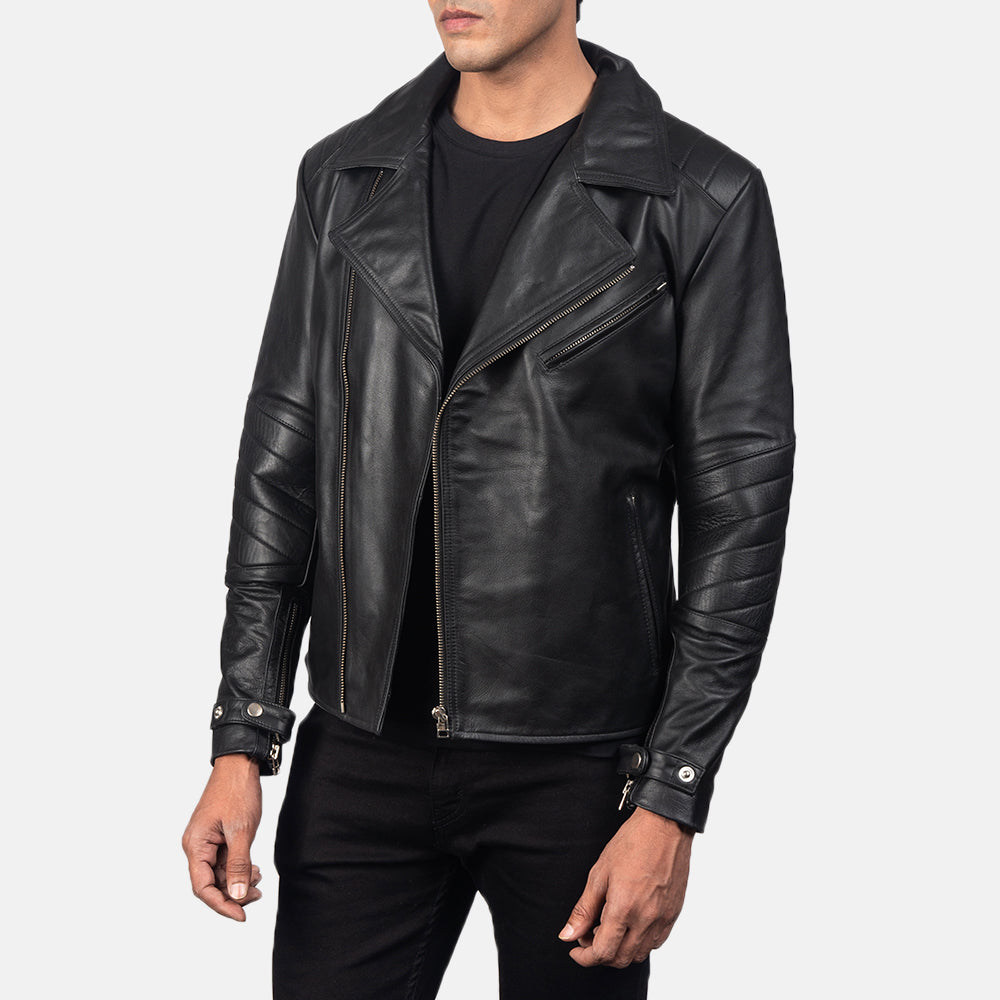 Black Cowhide Leather Biker Jacket - Vue de dos avec coupe ajustée aux épaules &amp; ourlet soigné