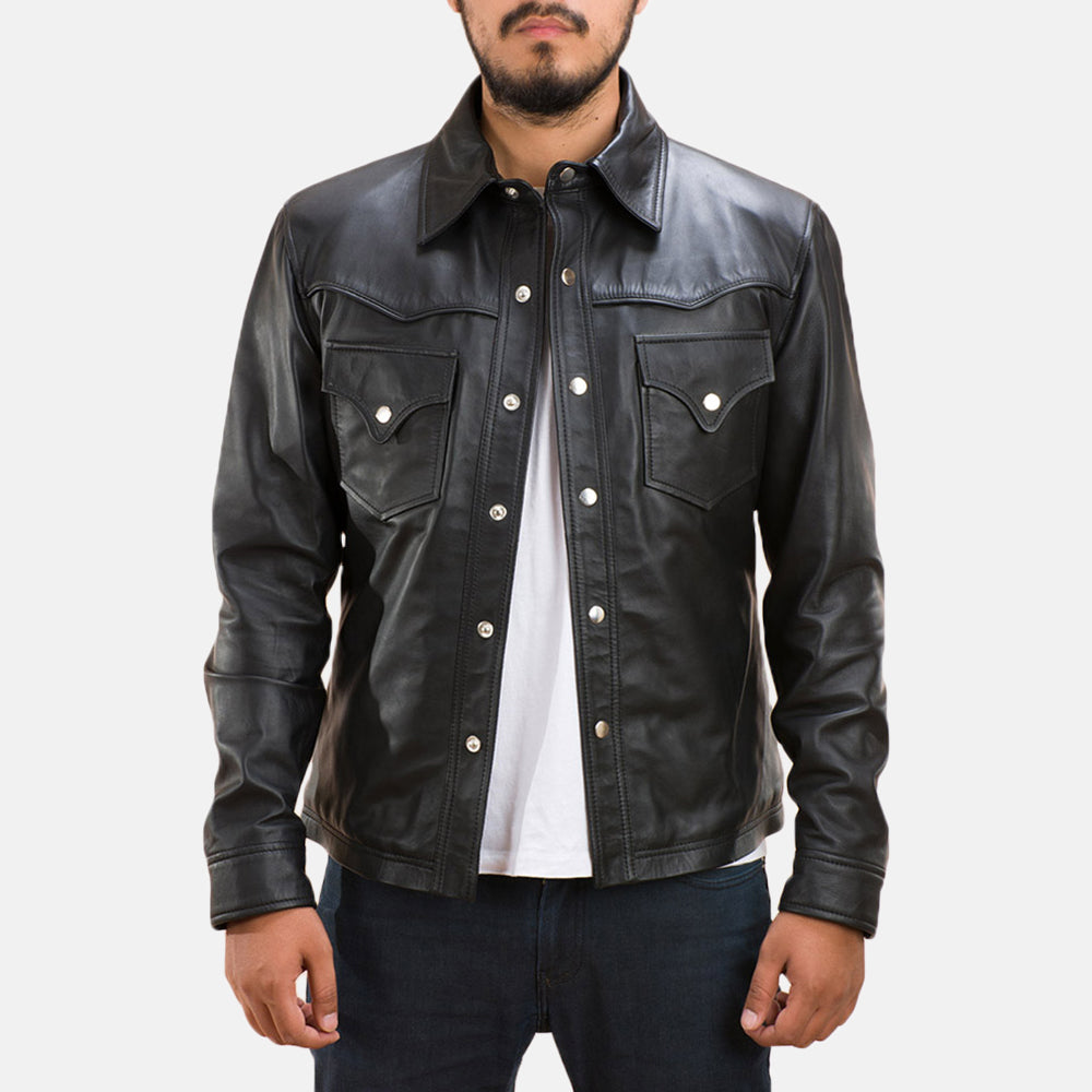 
Ranchson Noir Leather Shirt pour Homme in Black Sheepskin Leather - Vue de face & silhouette ajustée | Acheter en ligne