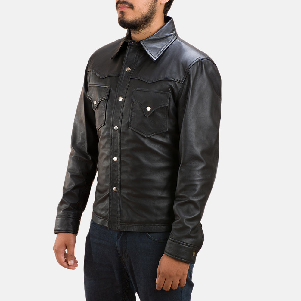 
Ranchson Noir Leather Shirt pour Homme - Vue de profil mettant en valeur la coupe de manche ergonomique