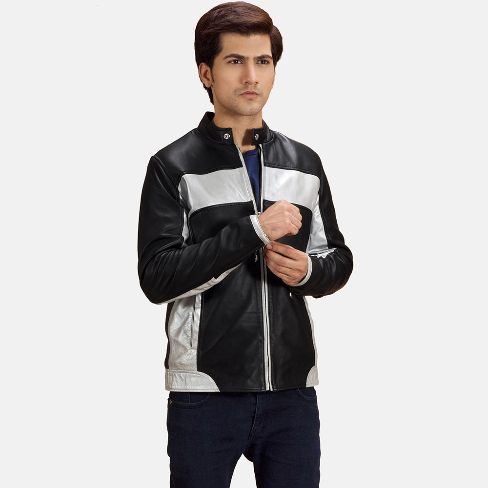Randolf Silver Noir Veste Motard en Cuir pour Homme in Black &amp; silver Sheepskin Leather - Vue de face &amp; silhouette ajustée | Acheter en ligne