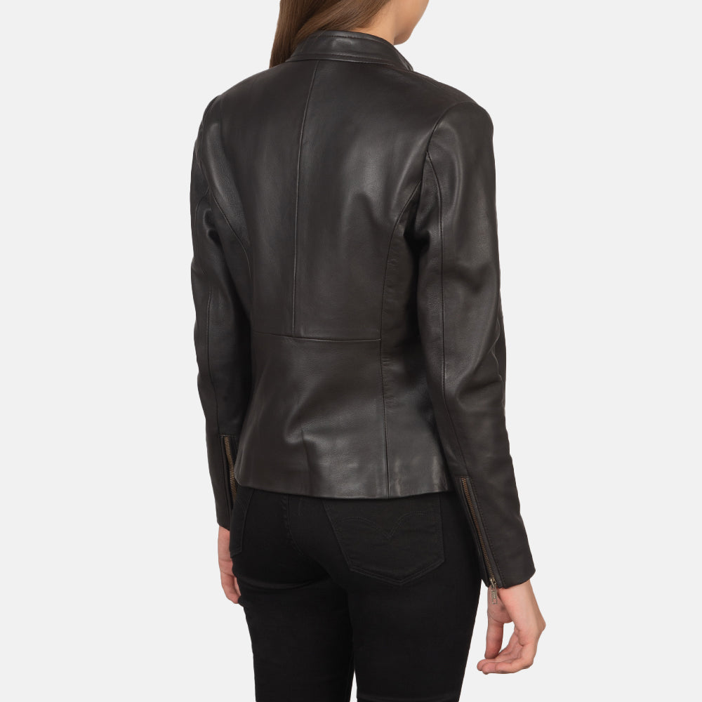 Vue détaillée of Band with snap button &amp; Zipper Hardware on Women's Rave Brown Leather Biker Jacket