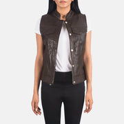 
Rayne Moto Marron Gilet en Cuir pour Femme in Brown Sheepskin Leather - Vue de face & silhouette ajustée | Acheter en ligne