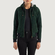 
Rebella Green Hooded Suede Bomber Jacket in Green Goatskin Suede - Vue de face & silhouette ajustée | Acheter en ligne