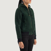 
Green Goatskin Suede Bomber Jacket - Vue arrière montrant la carrure ajustée et l'ourlet net