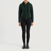 
Rebella Green Hooded Suede Bomber Jacket - Vue de profil mettant en valeur la coupe de manche ergonomique