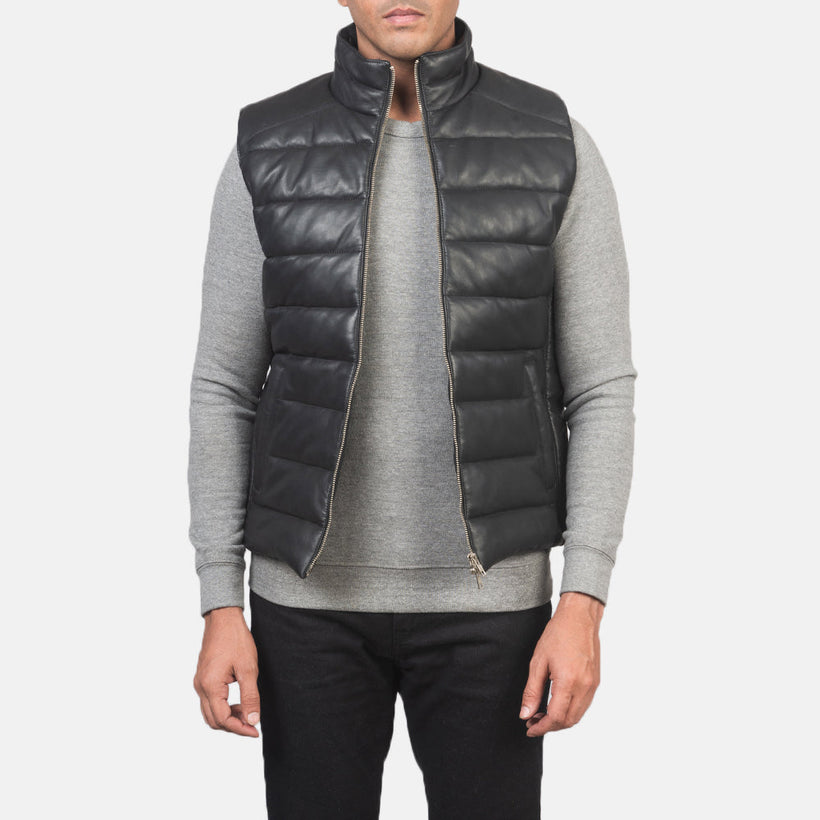 Men's Reeves Black Leather Puffer Vest in Black Sheepskin Leather - Front Profile View & Tailored Silhouette | Buy Online