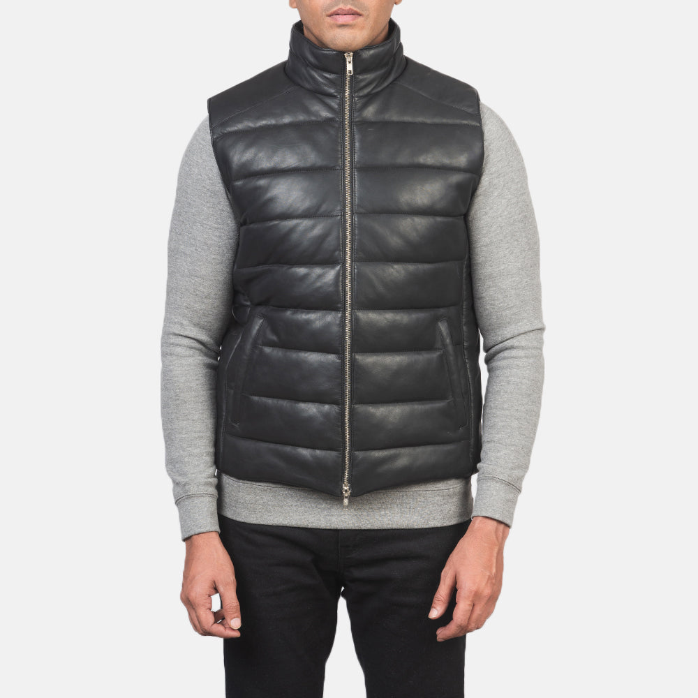 Close-Up Detail of Classic Collar & Zipper with Dual Puller Hardware on Men's Reeves Black Leather Puffer Vest