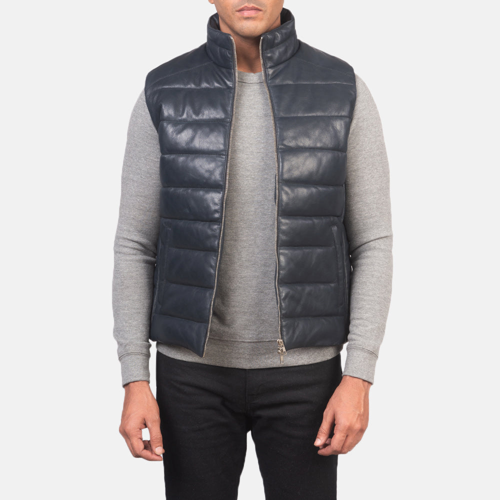
Reeves Bleu Leather Doudoune sans manches pour Homme in Blue Sheepskin Leather - Vue de face & silhouette ajustée | Acheter en ligne