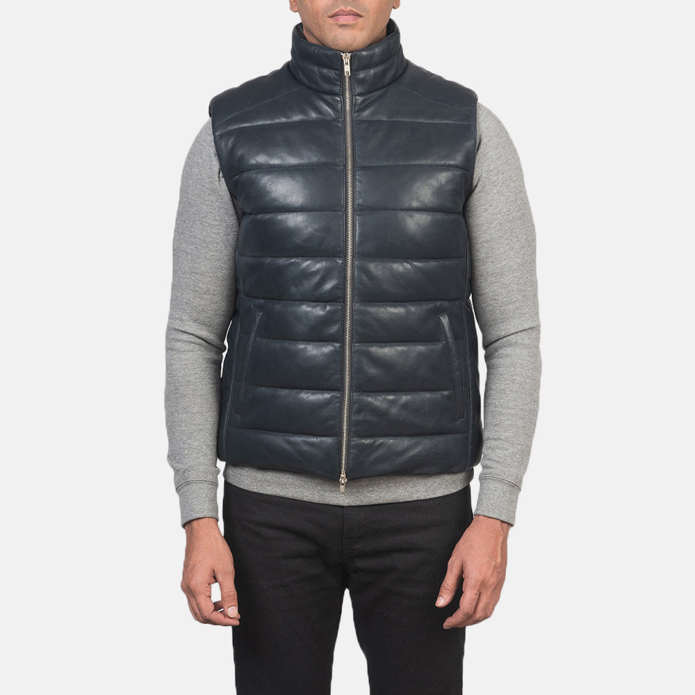 
Vue détaillée of Classic Collar & Zipper with Dual Puller Hardware on Reeves Bleu Leather Doudoune sans manches pour Homme