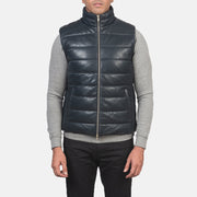 
Vue détaillée of Classic Collar & Zipper with Dual Puller Hardware on Reeves Bleu Leather Doudoune sans manches pour Homme
