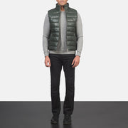 
Reeves Vert Leather Doudoune sans manches pour Homme - Vue de profil mettant en valeur la coupe de manche ergonomique