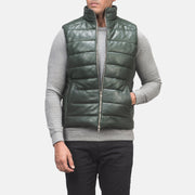
Vue détaillée of Classic Collar & Zipper with Dual Puller Hardware on Reeves Vert Leather Doudoune sans manches pour Homme