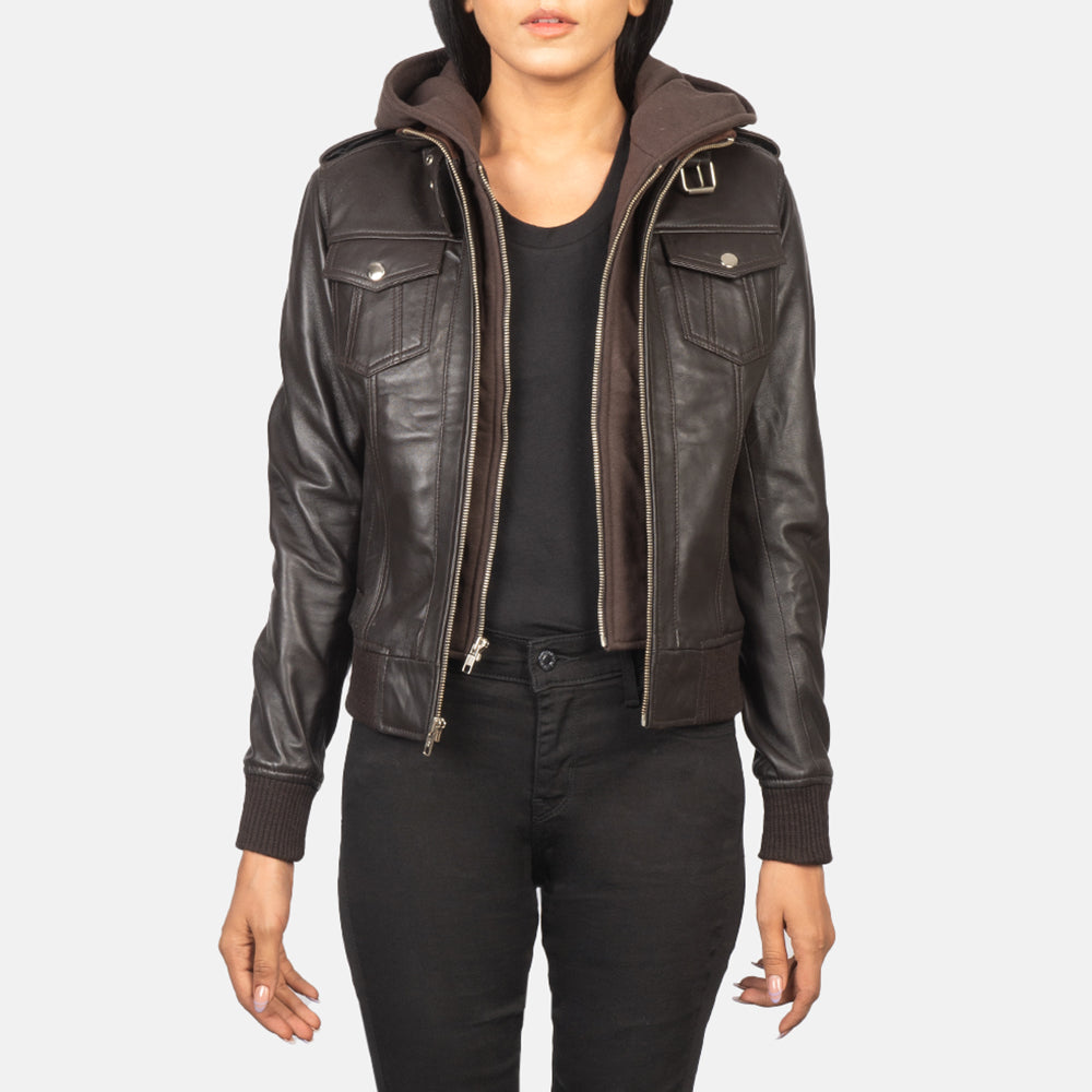 
Roslyn Brown Hooded Leather Bomber Jacket in Brown Sheepskin Leather - Vue de face & silhouette ajustée | Acheter en ligne