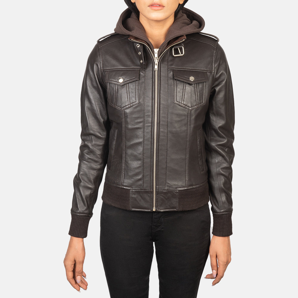 
Vue détaillée of High Neck with Belt & Zipper Hardware on Roslyn Brown Hooded Leather Bomber Jacket