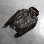 
Perspective portée de Roslyn Brown Hooded Leather Bomber Jacket sur modèle - Tombé naturel à la lumière du jour