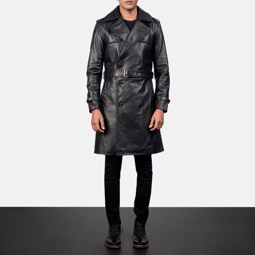 Royson Noir Leather Duster Manteau en Cuir pour Homme