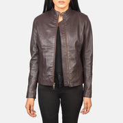 Women's Rumella Maroon Leather Biker Jacket in Maroon Sheepskin Leather - Vue de face &amp; silhouette ajustée | Acheter en ligne
