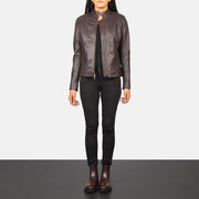 Women's Rumella Maroon Leather Biker Jacket - Vue de profil avec coupe de manche ergonomique
