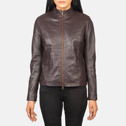 Vue détaillée of Mandarin &amp; Zipper with Dual Puller Hardware on Women's Rumella Maroon Leather Biker Jacket