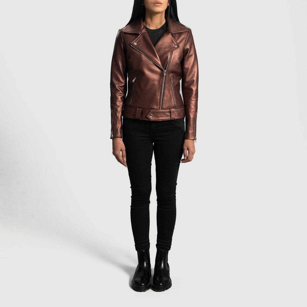 Vue détaillée of Notch &amp; Zipper Hardware on Women's Rumy Maroon Leather Biker Jacket