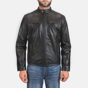 Rustic Black Leather Biker Jacket in Distressed Black Cowhide Leather - Vue de face &amp; silhouette ajustée | Acheter en ligne