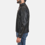 Rustic Black Leather Biker Jacket - Vue de profil avec coupe de manche ergonomique