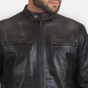 Vue détaillée of Band with snap button &amp; Zipper Hardware on Rustic Black Leather Biker Jacket