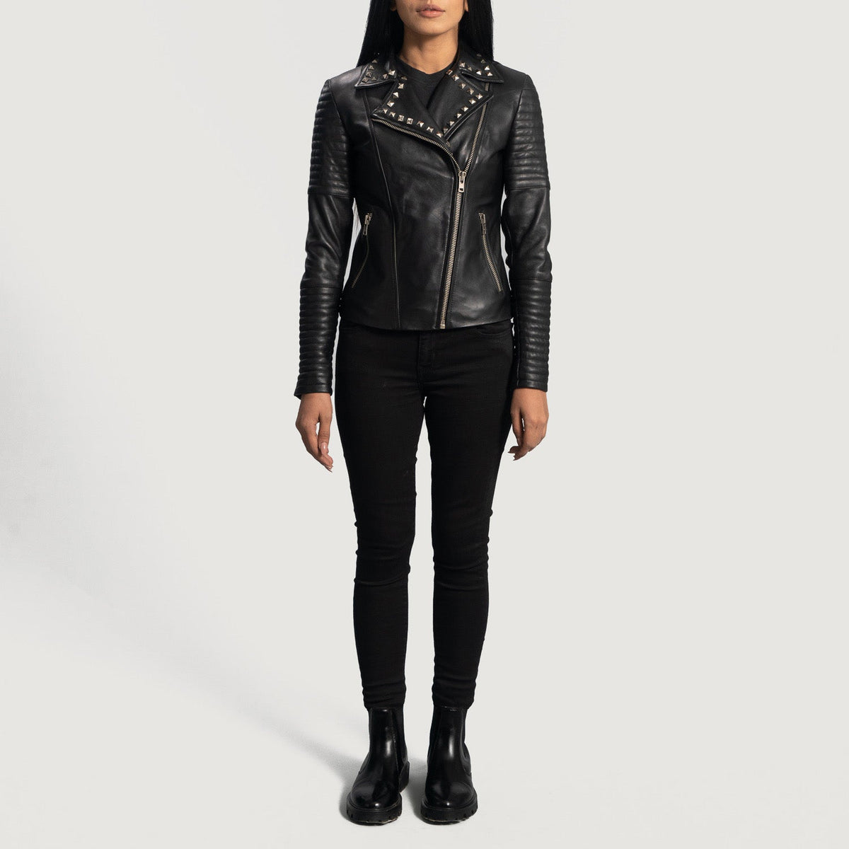 Close-Up Detail of Notch & Zipper Hardware on Women's Sally Mae Studded Black Leather Biker Jacket