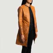 Tan Brown Sheepskin Dip &amp;Amp; Dye Leather Coat - Vue de dos avec coupe ajustée aux épaules &amp; ourlet soigné