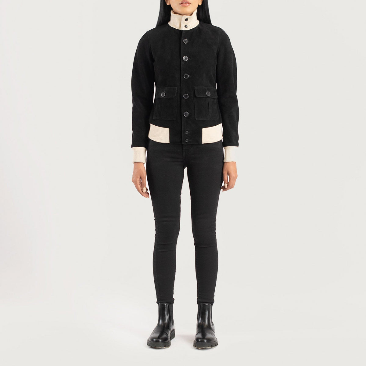 
Sasha A1 Black Suede Bomber Jacket - Vue de profil mettant en valeur la coupe de manche ergonomique