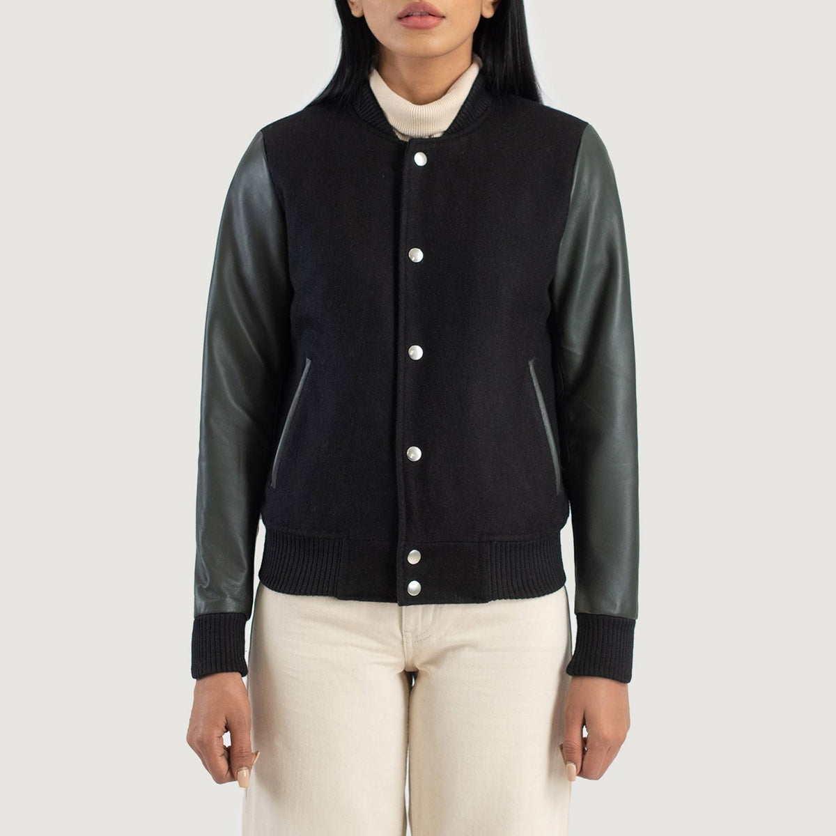 Vue détaillée of Varsity &amp; Snap Buttons Hardware on Savant Green Hybrid Varsity Jacket
