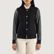 Vue détaillée of Varsity &amp; Snap Buttons Hardware on Savant Green Hybrid Varsity Jacket