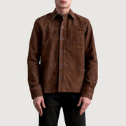 
Scout Moka Suede Leather Shirt pour Homme - Vue de profil mettant en valeur la coupe de manche ergonomique
