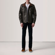 
Brown Sheepskin Leather Biker Jacket - Vue arrière montrant la carrure ajustée et l'ourlet net