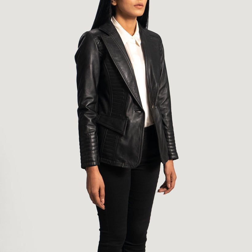 Selina Noir Blazer en Cuir en Cuir pour Femme