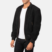 Black Goatskin Suede Bomber Jacket - Vue de dos avec coupe ajustée aux épaules &amp; ourlet soigné
