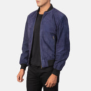 Blue Goatskin Suede Bomber Jacket - Vue de dos avec coupe ajustée aux épaules &amp; ourlet soigné