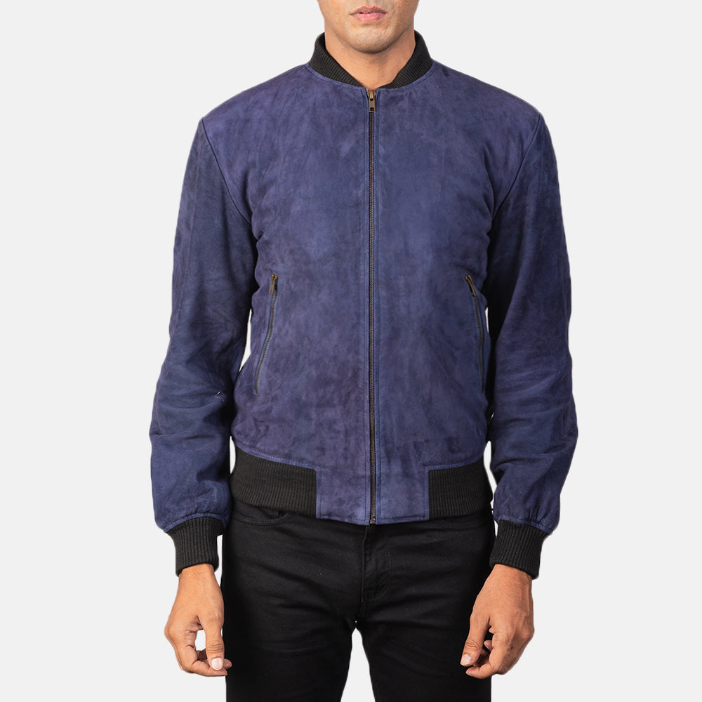 Vue détaillée of Varsity &amp; Zipper Hardware on Men's Shane Navy Blue Suede Bomber Jacket