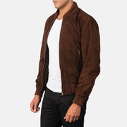 Dark Brown Goatskin Suede Bomber Jacket - Vue de dos avec coupe ajustée aux épaules &amp; ourlet soigné
