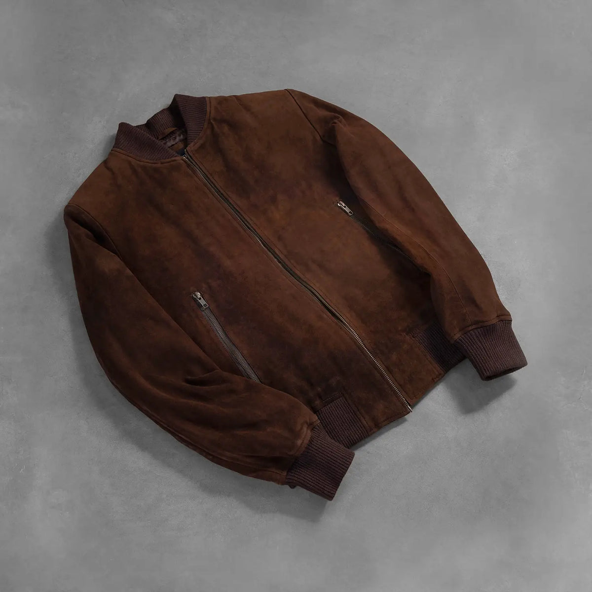 Rib Knit &amp; Hem Craftsmanship Construction Detail on Men's Shane Dark Mocha Brown Suede Bomber Jacket
