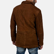 Vue détaillée of High neck &amp; Zipper with Button Flap Hardware on Men's Sheriff Marron Veste en Daim pour Homme