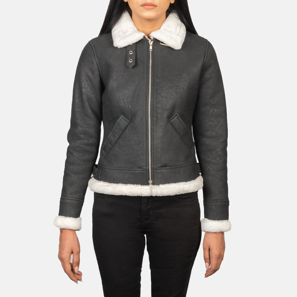 Styled Fit Perspective of Women's Sherilyn B-3 Distressed Black Leather Bomber Jacket on Model - Natural Daylight Drape