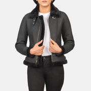 Women's Sherilyn B-3 Distressed Black Leather Bomber Jacket in Distressed Black Sheepskin Snuffed - Vue de face &amp; silhouette ajustée | Acheter en ligne