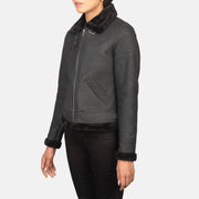 Distressed Black Sheepskin Snuffed Bomber Jacket - Vue de dos avec coupe ajustée aux épaules &amp; ourlet soigné