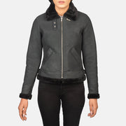 Vue détaillée of Buckled Collar &amp; Zipper Hardware on Women's Sherilyn B-3 Distressed Black Leather Bomber Jacket