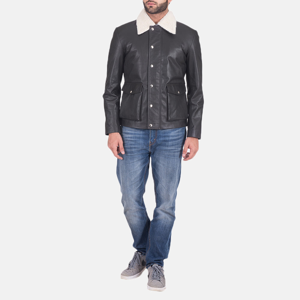 
Vue détaillée of Shirt style Faux Shearling Collar & Zipper + Button Flap Hardware on Snow Cole Noir Veste en Cuir pour Homme